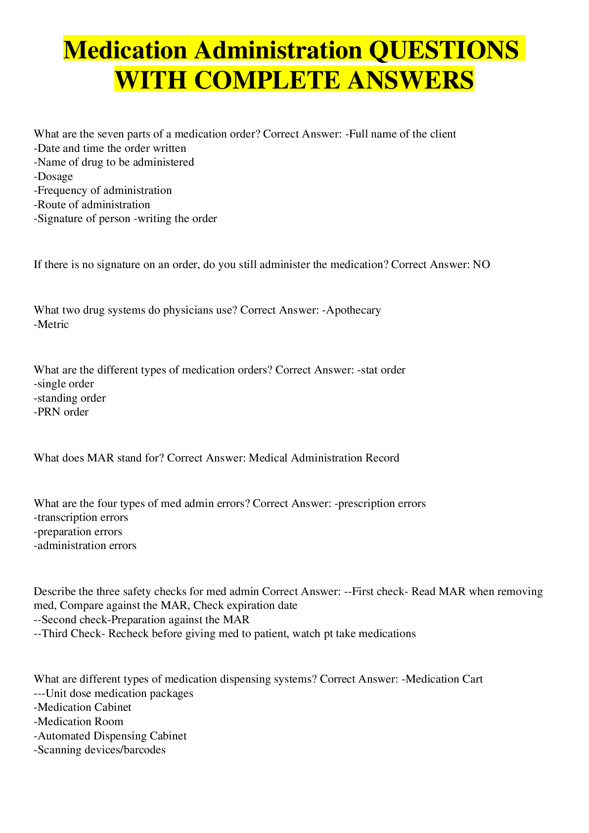 Preview image of Medication Administration QUESTIONS WITH COMPLETE ANSWERS document